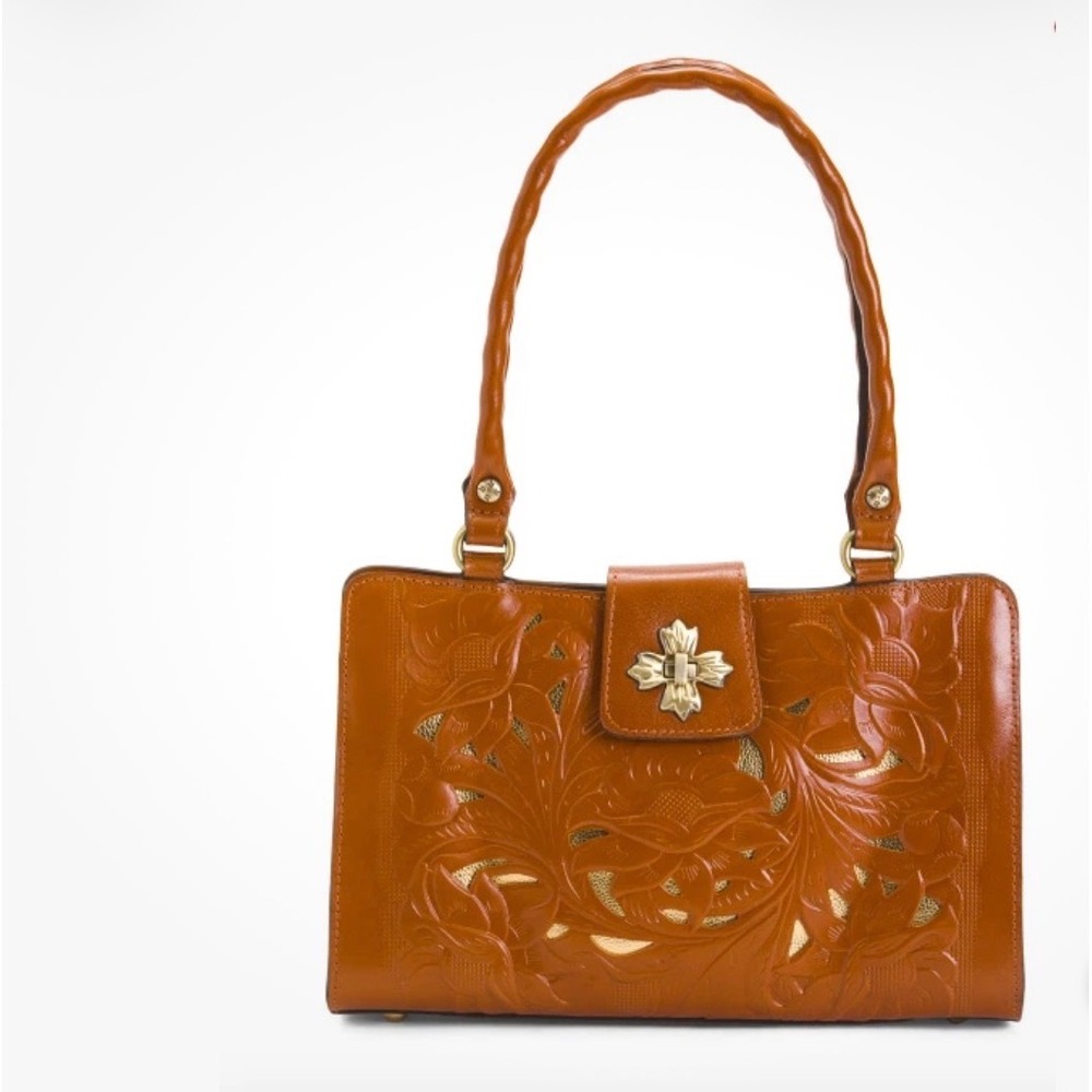 Patricia Nash Tan Tooled Leather Floral Satchel Handbag Gold Underlay Twist Lock - Picture 2 of 8